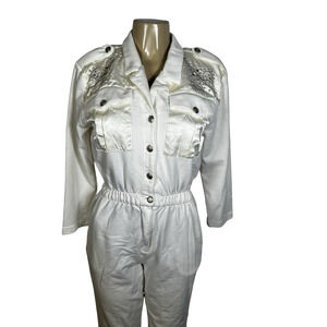 Vintage Saint Germain Paris Jumpsuit Womens 10 White Button Down Embellished 80s